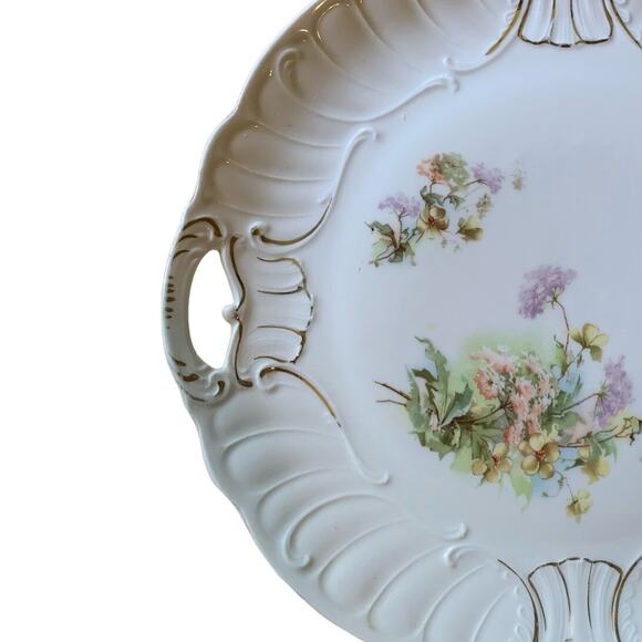 Vintage Floral White/Gold 10" Serving Plate w/Pierced Handles Textured Rim - Picture 5 of 13